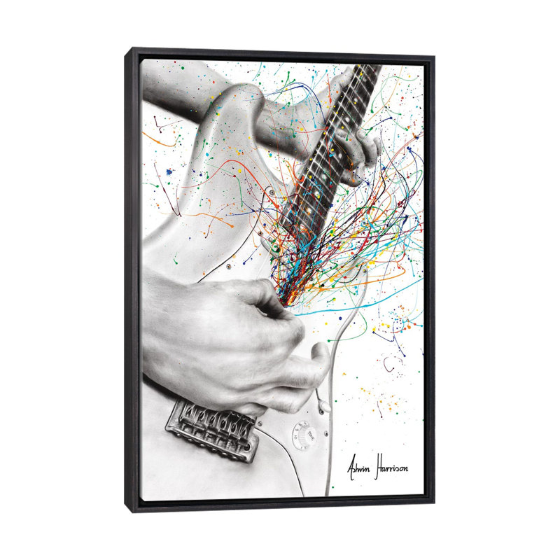 La guitare solo par Ashvin Harrison - impression, H 26 po x l 18 po x 1,5 po, Toile avec cadre noir patiné, Aucun mat