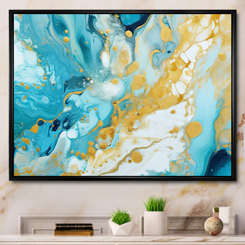 Turquoise luxueux, art fluide abstrait sur toile, Cadre flottant noir, H 30 po x l 40 po x P 1,5 po