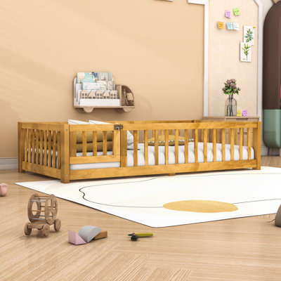Wooden Bed With Slats And Safety Guardrails