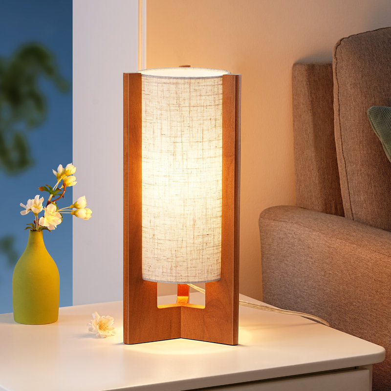 13.5" Small Solid Wood Cylinder Nightstand/bedside Table Lamp