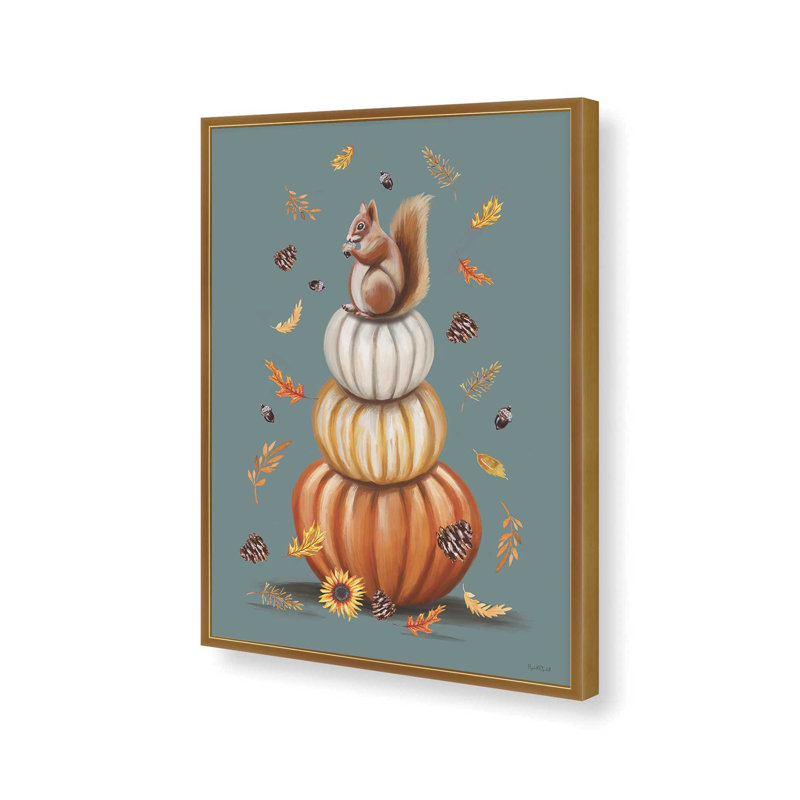 «Squirrel on Pumpkin Stack» par Elizabeth Tyndall, reproduction d'art, L 36 x H 48, Doré, Impression encadrée