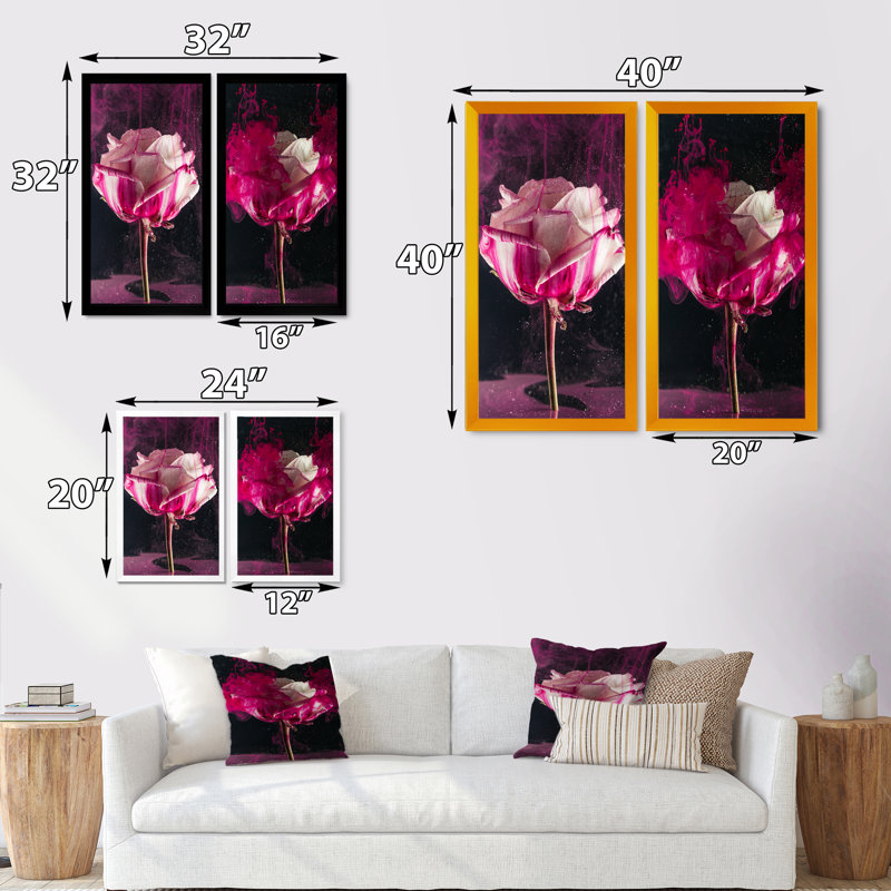 Ensemble de 2 peintures sur toile - Gros plan d'une rose rétro, H 20 po x l 24 po x P 1 po, Cadre photo noir