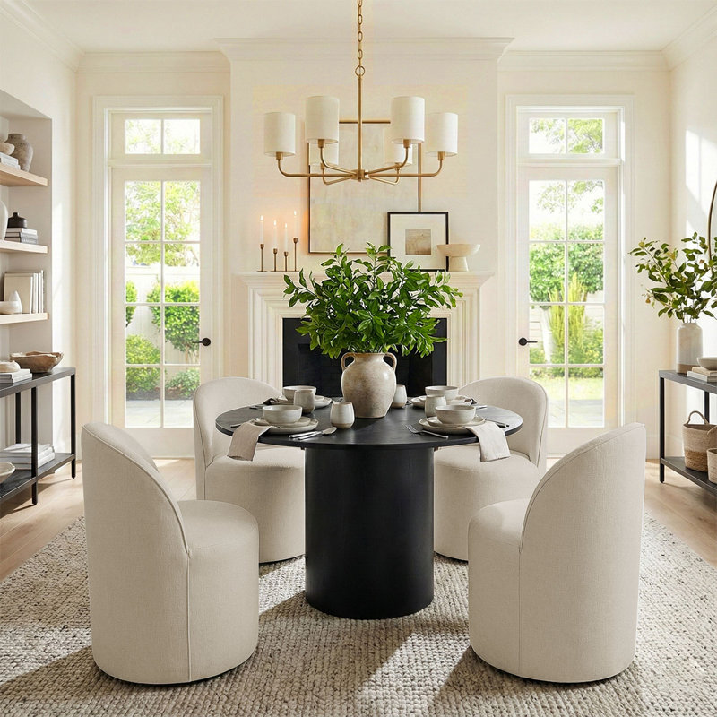 4 - Person Dining Table Sets With Round Table & 4 Upholstered Rolling Chairs, Beige, Black