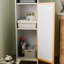 Armoire de rangement pour salle de bain haute avec portes en bambou - naturel / blanc