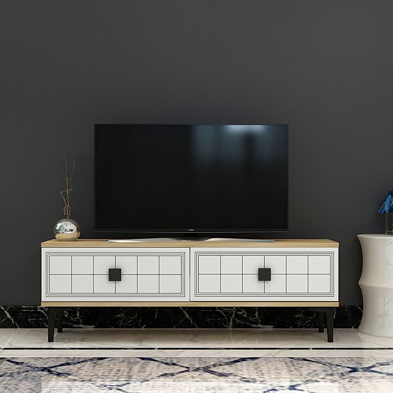 Meuble télé moderne avec option de fixation murale, chêne saphir et blanc, 47,2 po x 16,1 po x 11,6 po | 100% panneau de particules enduit de mélamine, 0,7 po d'épaisseur | Conception géométrique élégante, parfaite pour le salon et les espaces de divertissement