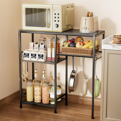 Armoire de bar à café réglable pour micro-ondes, étagère de boulanger multifonctionnelle avec 3 tablettes et 6 crochets pour casseroles, poêles, fruits et légumes - gris et noir