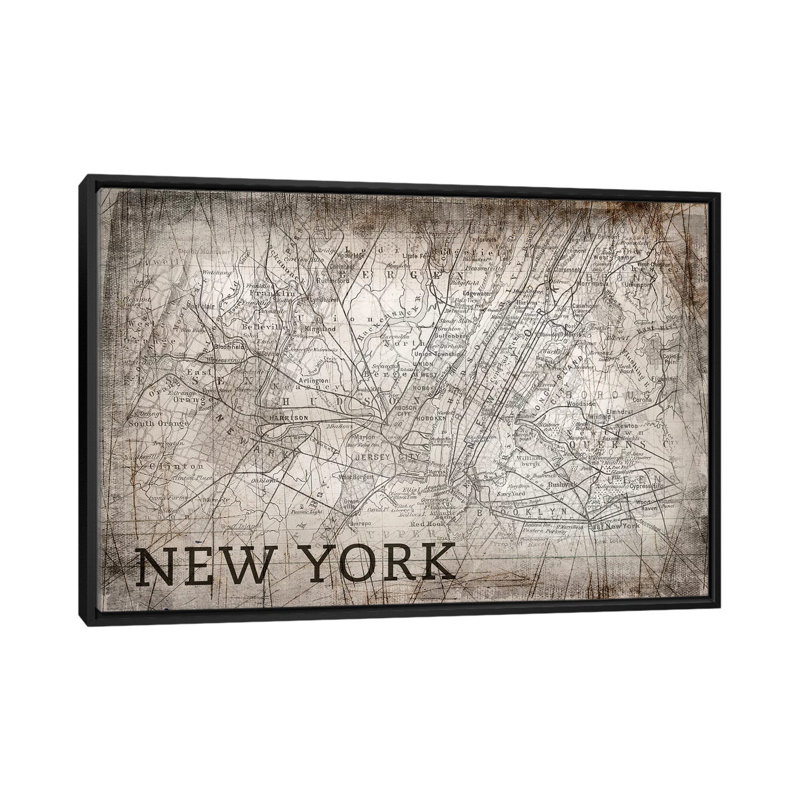 «New York Map, Vintage», impression sur toile, H 18 po x l 26 po x P 1,5 po, Toile avec cadre noir, Pas de tapis