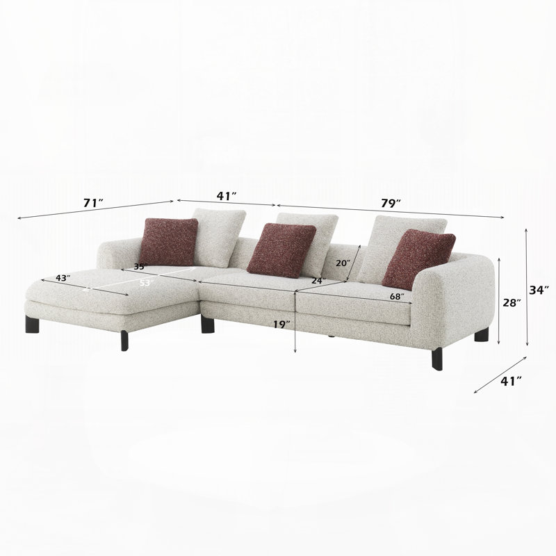 Canapé modulaire avec 6 coussins, L 120 po, Beige bouclé