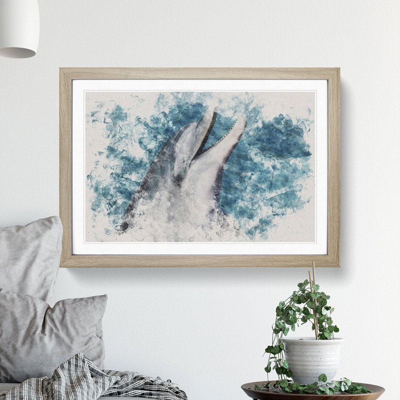 Dolphin - Picture Frame Graphic Art, Oak, 27cm H x 36cm W x 2cm D