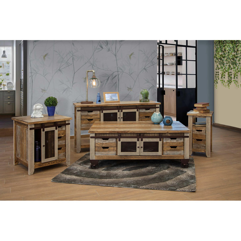 Rustic Multicolor Solid Wood End Table with Iron Mesh Door