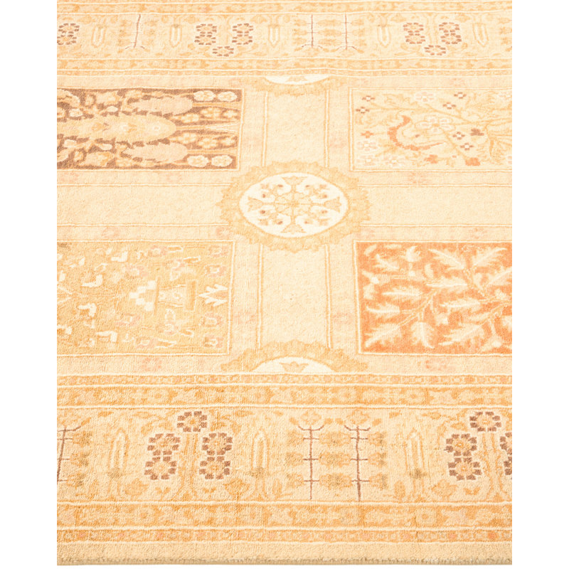 Ivory and Beige Hand-Knotted Wool Runner Rug with Floral Motif
