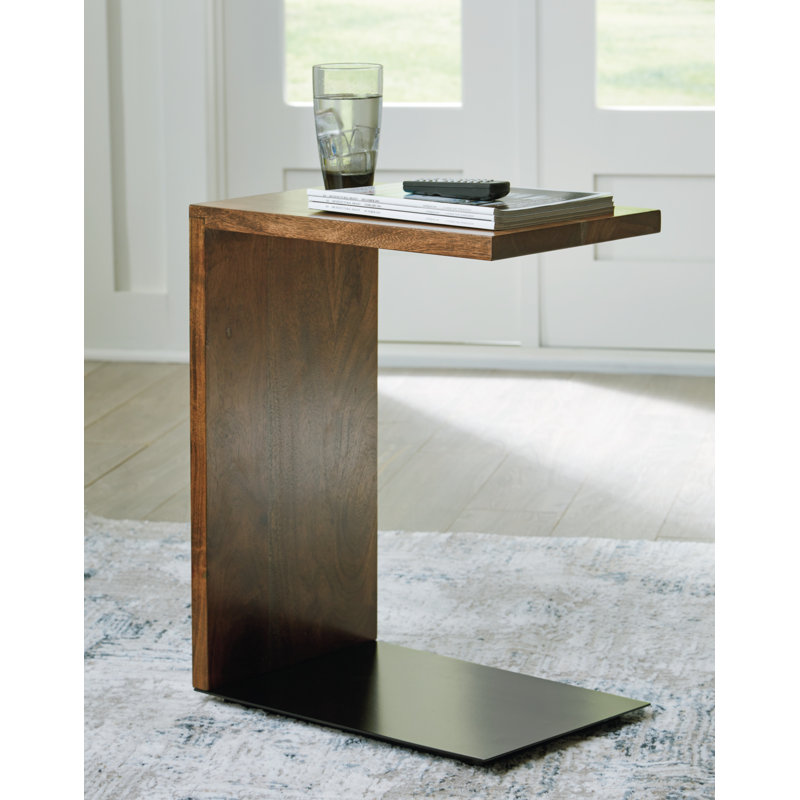 Rectangular Brown Wood and Metal C-Shaped Accent Table
