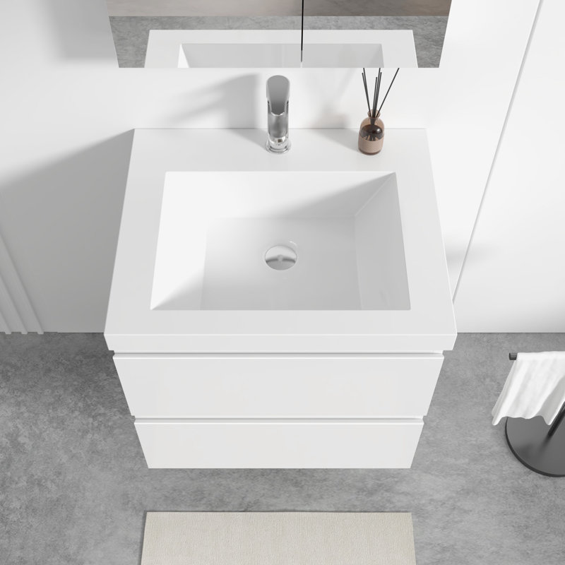  Meuble-lavabo flottant simple 24 po avec lavabo à surface solide Angela, Blanc