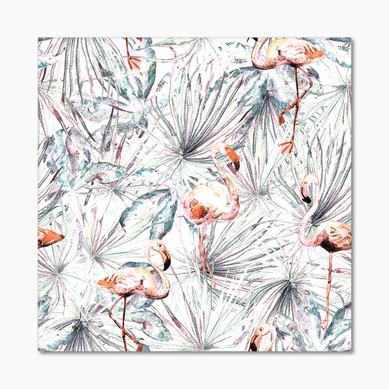 Flamant rose et feuilles tropicales sur blanc - peinture sur toile, H 16 po x l 16 po x P 1 po, Toile tendue