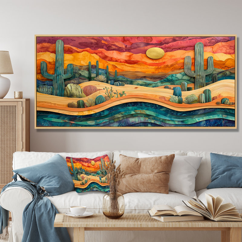 Cactus du désert sur un plateau en bois II - Cactus, art mural, H 28 po x l 60 po, Cadre flottant, Crème, crème