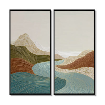 «The Silent Ridge Into The Mountain Landscape», reproduction d'art sur toile encadrée moderne Mid-Century, art mural moderne Mid-Century vert, 2 pièces
