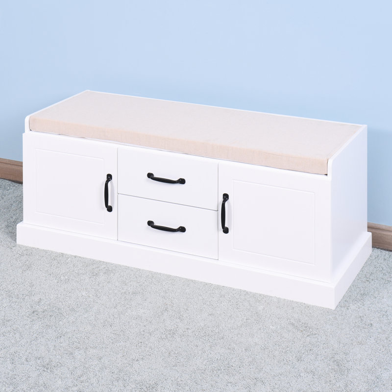 Meuble à chaussures en bois avec 2 tiroirs et 2 portes avec banc de rangement pour le salon et coussin blanc