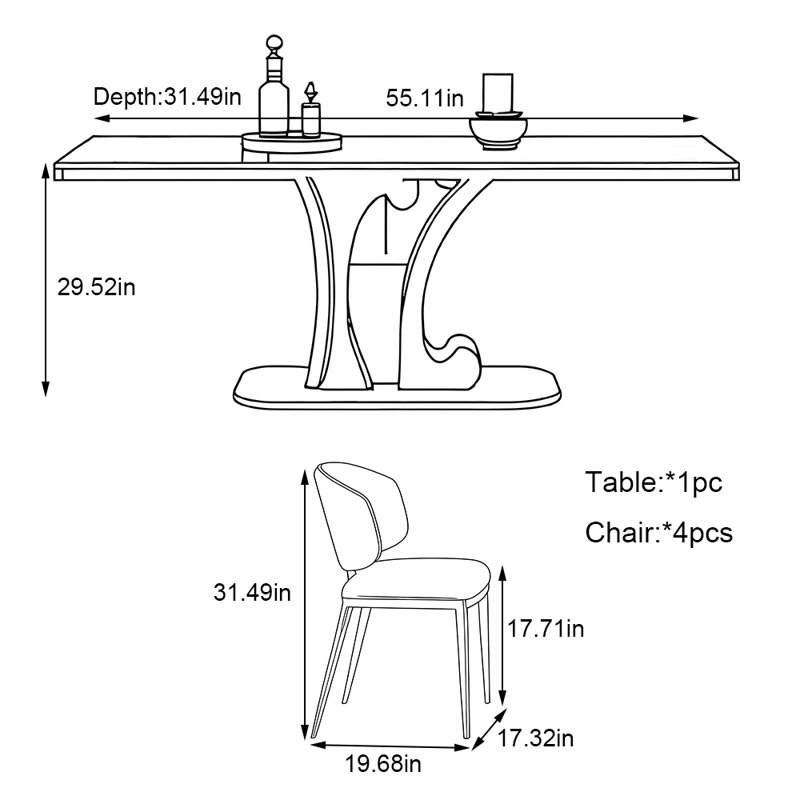 Rectangular stainless steel dining table set, 29.52"H x 55.11"L x 31.49"W
