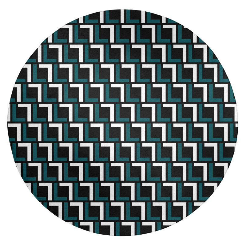 Tapis rond noir / vert à motif géométrique, Rond 5 pi