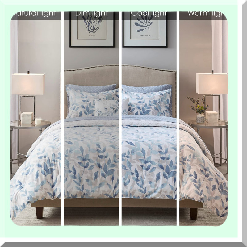 Botanical Bliss Reversible Comforter Set - Twin Size 6 Piece Bedding Bundle with Complete Sheet Set, Shams, and Decorative Pillow - All Season Cozy Cover in Modern Blue Print