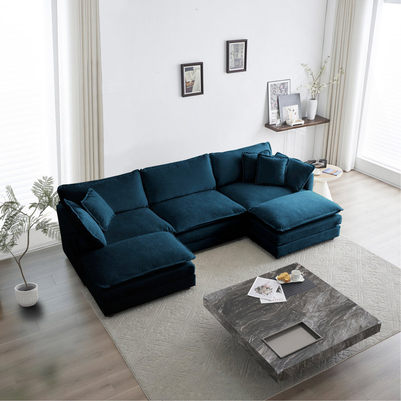 Canapé modulaire en U avec repose-pieds réversible, canapé d'angle convertible 5 places avec 2 repose-pieds, canapé doux et minimaliste moderne pour le salon, chenille bleue