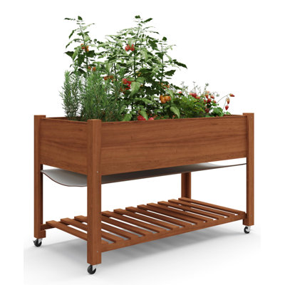 Lit de jardin surélevé 48 po x 24 po x 32 po avec roulettes verrouillables, tablette de rangement et doublure de protection - Boîte à fleurs surélevée mobile pour le jardinage de légumes et de fleurs, chêne
