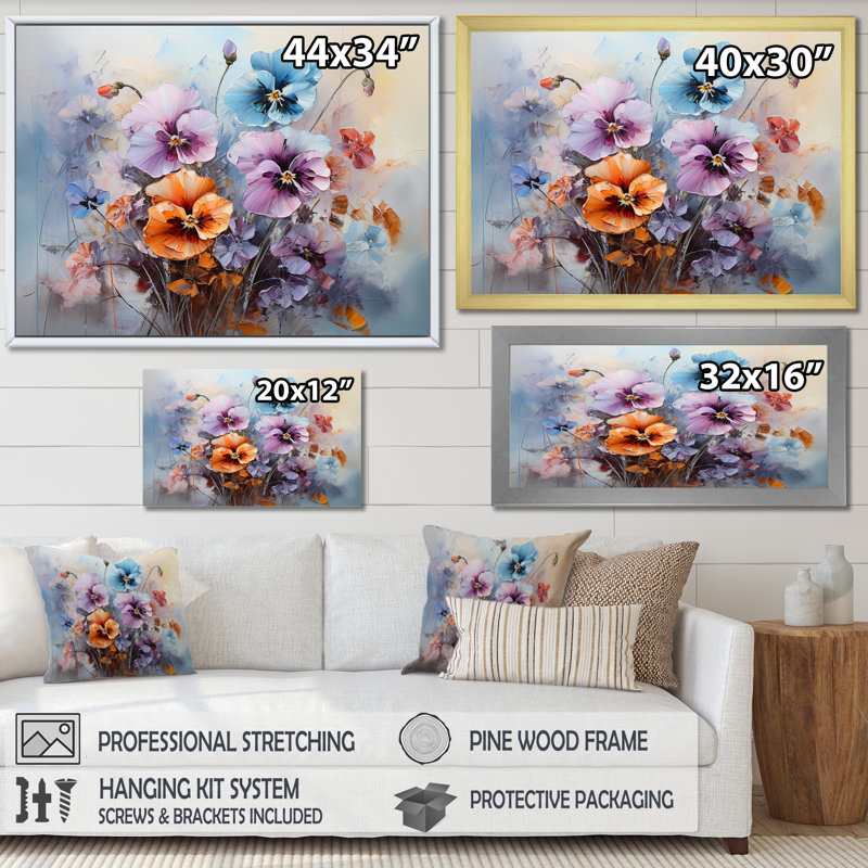 " Purple Pansies Effloresrence ", 34" H x 44" W x 1.5" D, White Single Picture Framed
