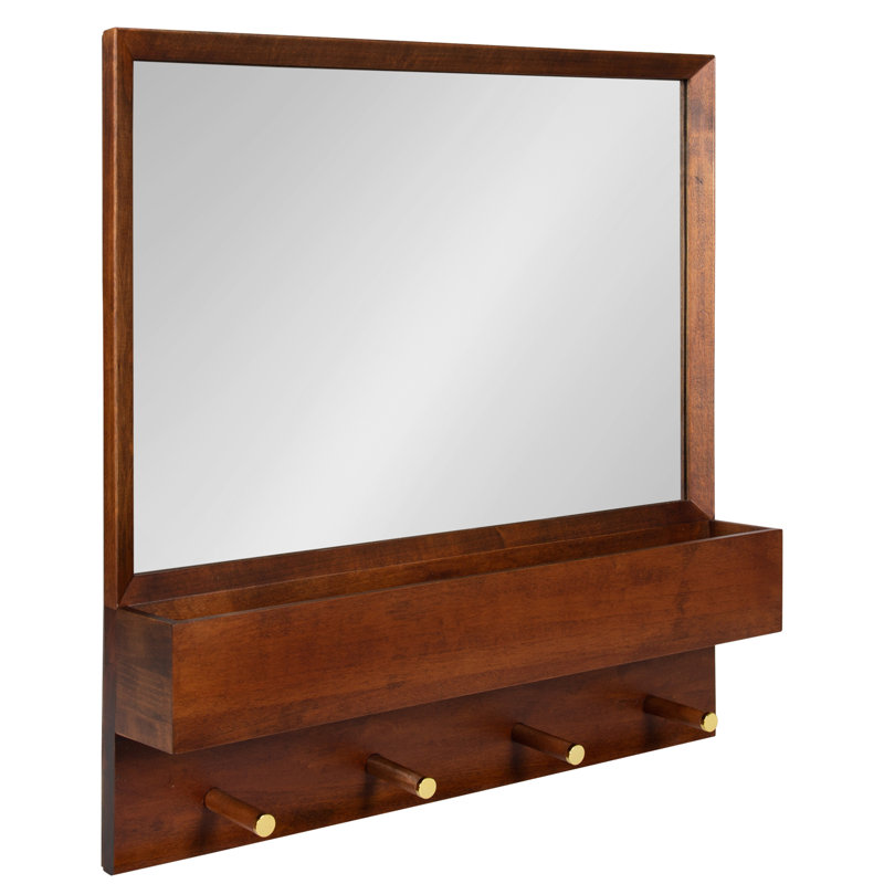 Jaela Wood Flat Mirror with Shelves, 24" x 24", Walnut Brown