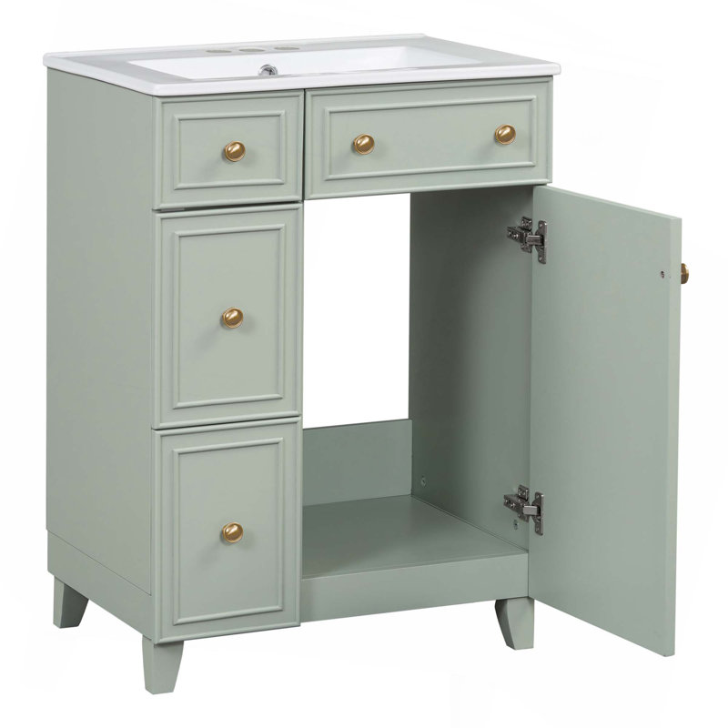 Armoire de salle de bain avec lavabo en céramique, 2 tiroirs et 1 porte, Vert