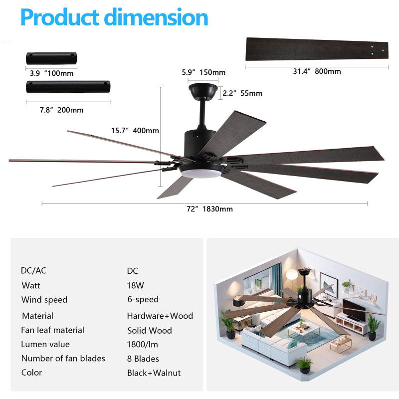 72" Walnut LED Ceiling Fan Light With 8 Wooden Blades, Remote Control, Adjustable Color Temperature For Living Room, Bedroom, Or Dining Room (Silent/6-Speed/Reversible/DC Motor)
