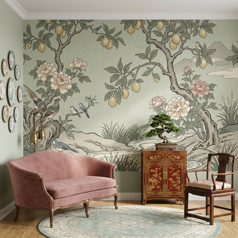 Décoration murale amovible de papier peint botanique chinois discret, 100 po x 96 po, Peel and Stick