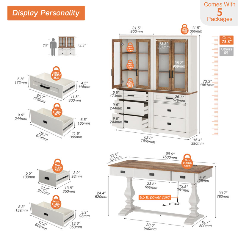 Home Office Set, 59.1" Executive Desk With Power Hub & 73.3" Glass Door Shelf Bookcase With 6 Drawers Set Of 2,Light Oak