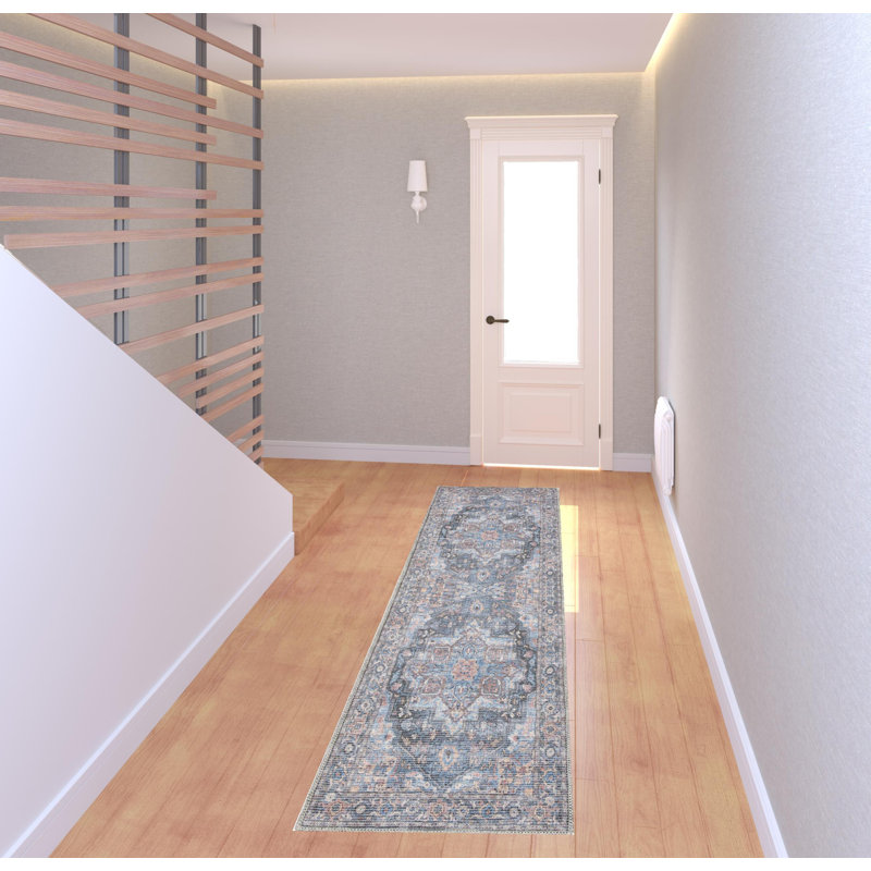 Tapis en polyester lavable à la machine Medallion en bleu clair / orange / gris, Tapis de couloir 2 pi 2 po x 8 pi