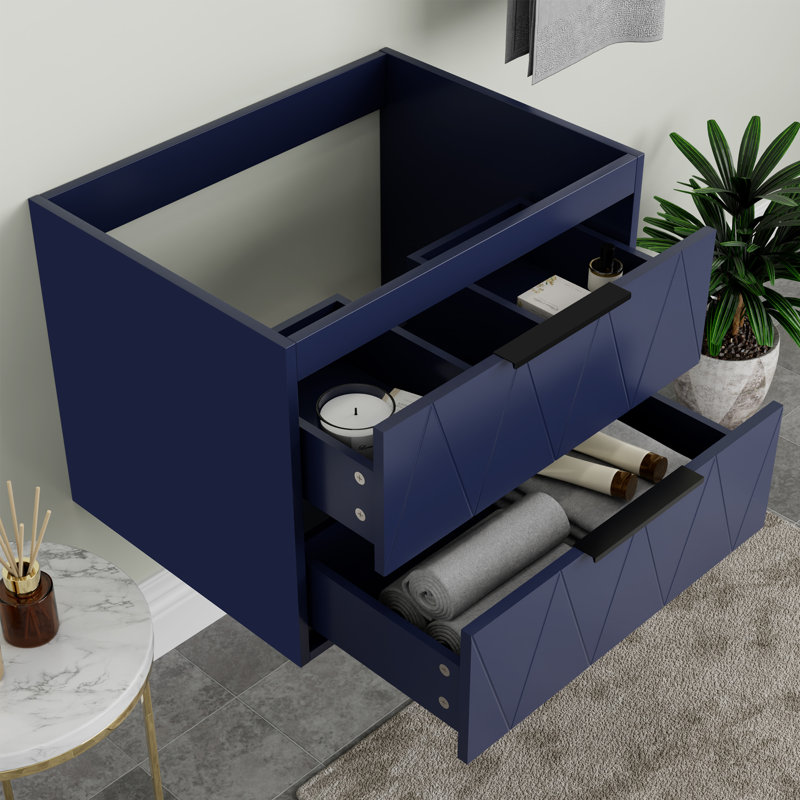 24" Wall Mount Single Bathroom Vanity Base Only, 2 Soft-close Drawers, Zinc Alloy Hardware, Blue
