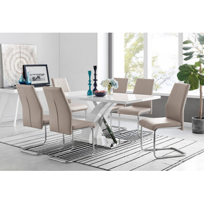 Marietta Chrome Metal and White High Gloss Dining Table Set - 6 Luxury Faux Leather Dining Chairs