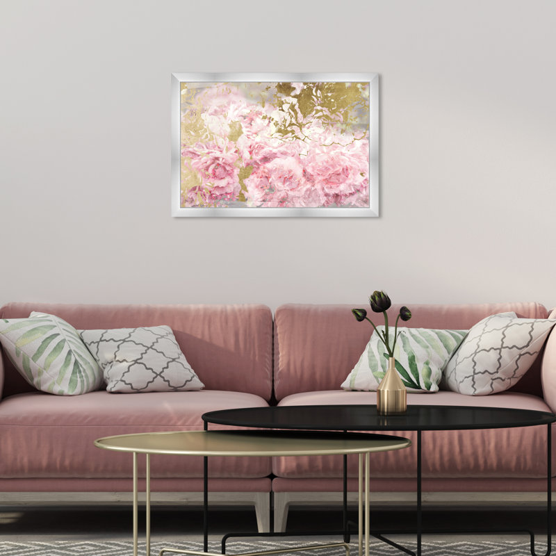 Camélias roses et dorés - peinture à cadre flottant, H 18 po x l 26 po, Papier avec cadre argenté