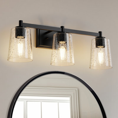 Adreina 24 In. 3-Light Black Vanity Light With Cone Clear Glass Shades For Bathroom, Mirror, Living Room