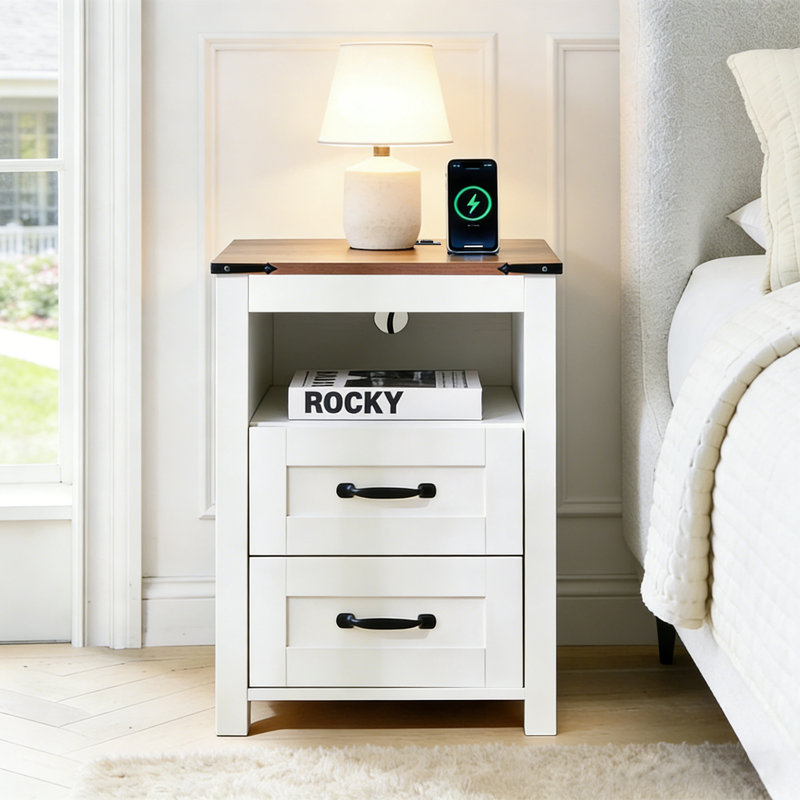 Nightstand with Charging Station,Side Table with 2 Drawers Storage Cabinet for Bedroom, Living Room, White, 2