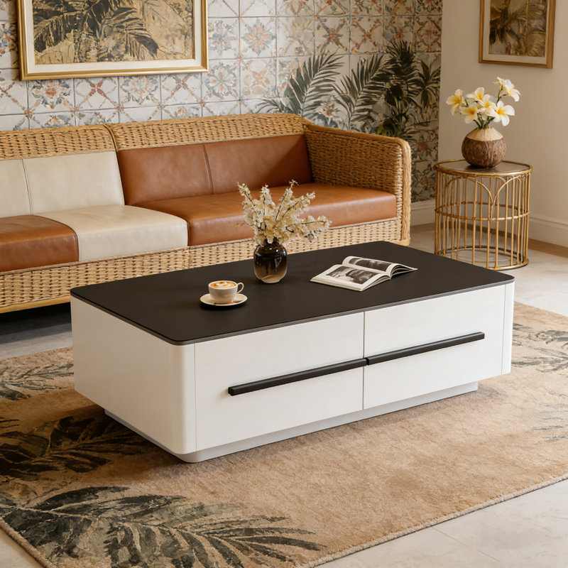 Table basse légère de luxe avec tiroir en métal, Noir