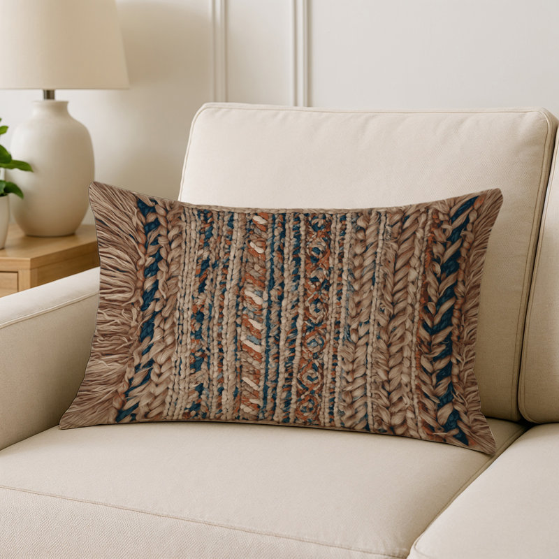 Coussin décoratif intérieur et extérieur Modern, Brun / beige / chevron bleu foncé, Rectangle H 20 po x l 14 po