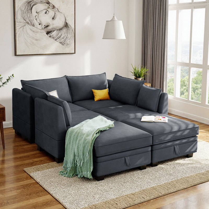 115" U-Shape Modular Sectional Sofa Bed | Light Green Linen, 6 Hidden Storage Seats + Reversible Chaise, Convertible Sleeper, 220 lb/Seat