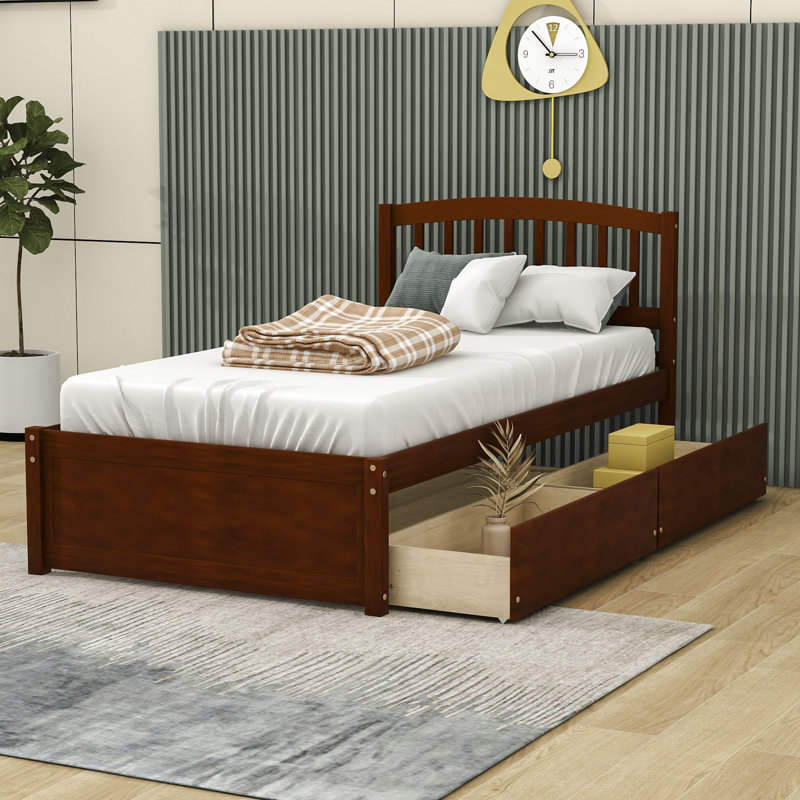 Dishad Twin Size 2 Drawers Wood Platform Bed with Headboard, Walnut