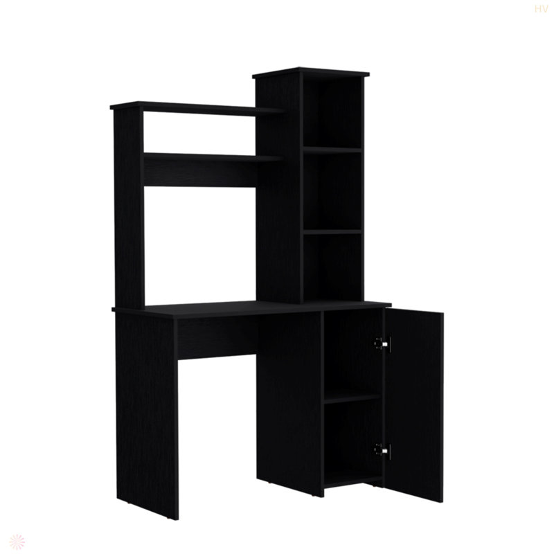Carson Computer Desk With Hutch, Single Door Cabinet, Expansive Work Surface And 3-Tier Storage Shelves, Black