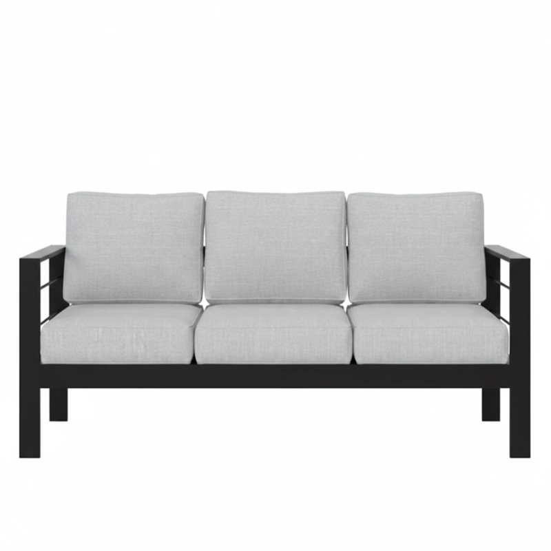 Canapé d'extérieur 73 pouces 3 places toutes saisons avec structure noire et coussins gris épais, résistance commerciale, charge de 900 lb, conception facile à nettoyer