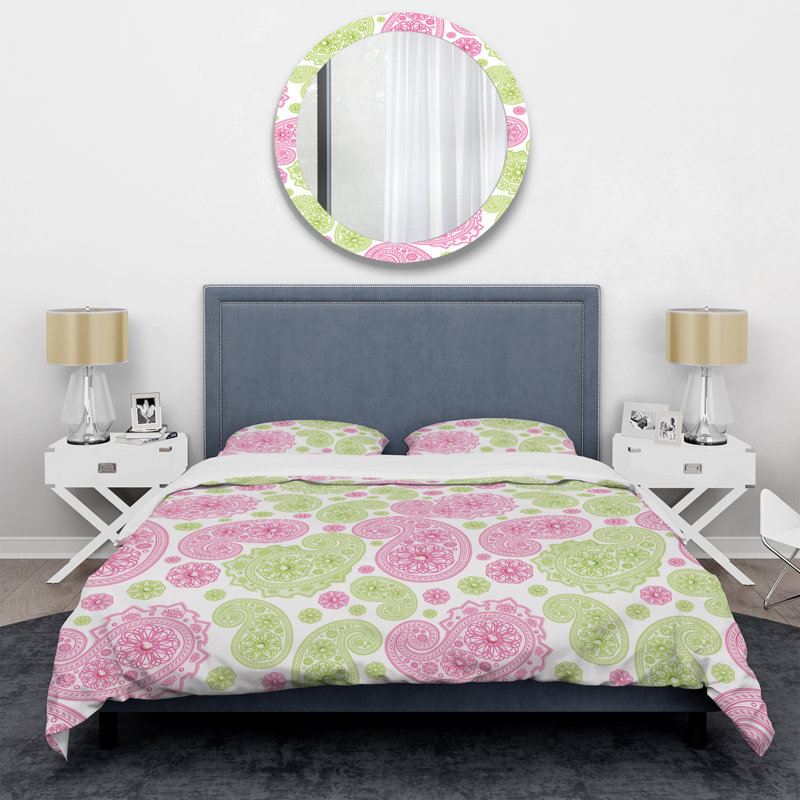 Cachemire rose et vert à motif floral - Ensemble de housse de couette abstrait - Microfibre de polyester