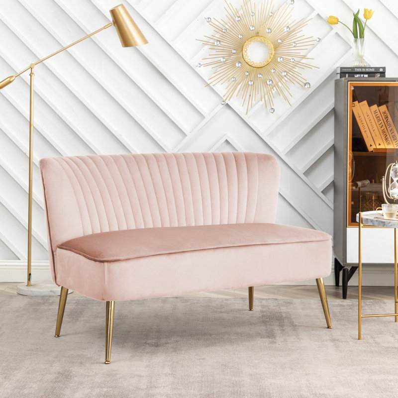 Delmon Velvet Loveseat with Gold Chrome Legs, Pink Velvet