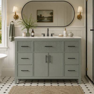 Meuble-lavabo autoportant vert sauge avec lavabo intégré et tiroirs à fermeture en douceur pour un rangement organisé