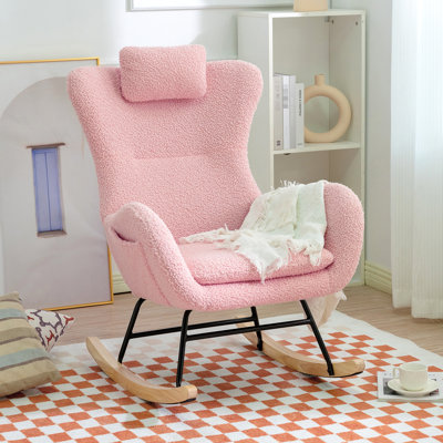 Upholstered Pink Glider Chair With High , Adjustable And Storage Pocket For Nursery, Office Small Spaces. Comfortable Wide Seat, - Density Sponge Cushion, Iron Plywood Structure. Skid Pad At Wooden