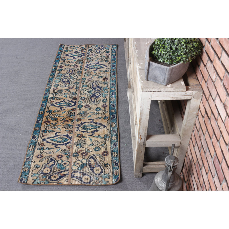 Vintage Turkish Rug Runner in Beige for Home Decor - Ideal for Kitchen Hallway Dorm with Patchwork Pale Boho Art Retro Design