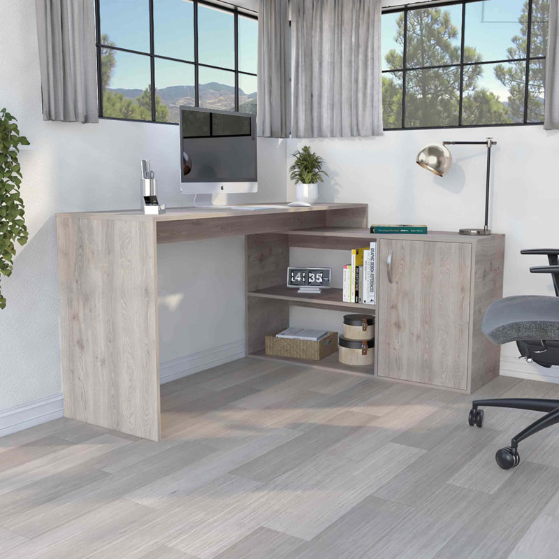 Axis Modern L-Shaped Computer Desk With Open & Closed Storage, Gray